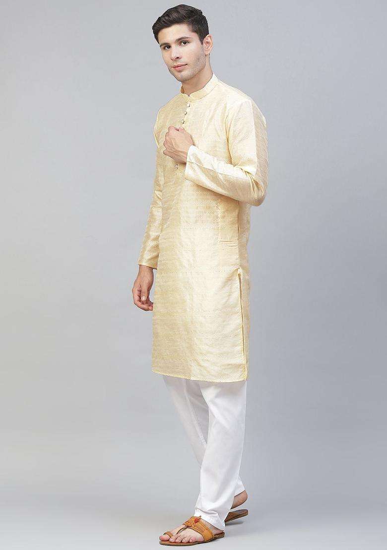 Beige Woven Design Silk Blend Kurta Set For Men - Indya