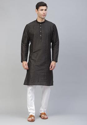 Black Printed Silk Kurta Set For Men