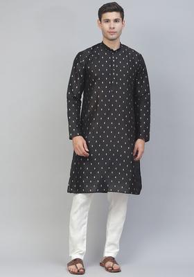 Black Printed Silk Kurta Set For Men