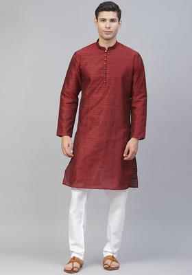 Maroon Woven Design Silk Kurta Set For Men