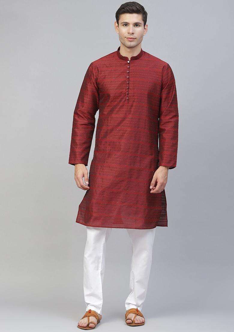 Maroon Woven Design Silk Blend Kurta Set For Men - Indya