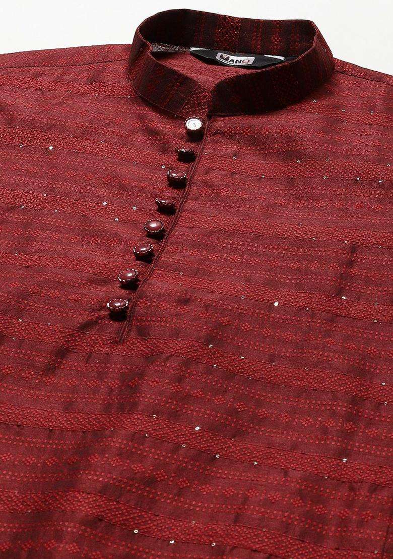Maroon Woven Design Silk Blend Kurta Set For Men - Indya