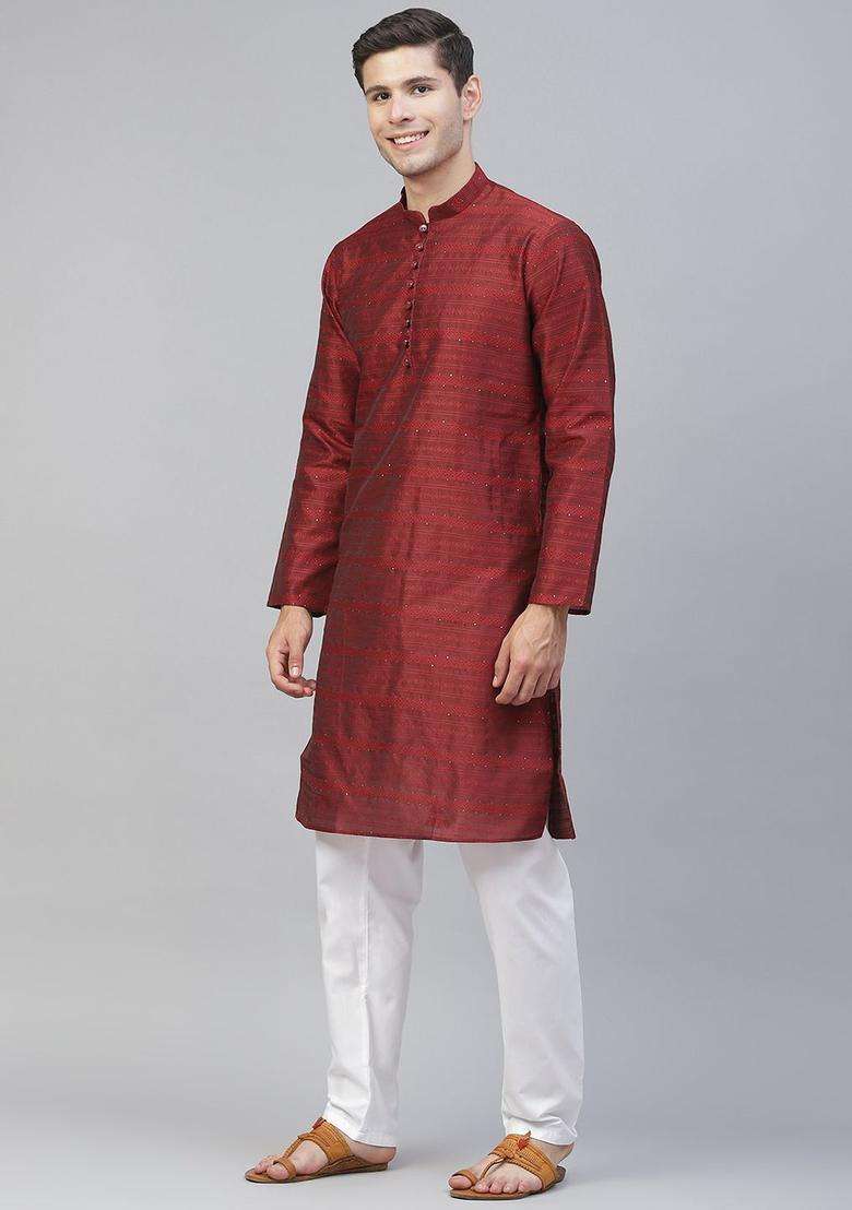 Maroon Woven Design Silk Blend Kurta Set For Men - Indya