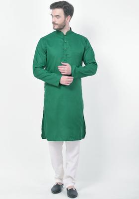 Green Solid Cotton Kurta Set For Men