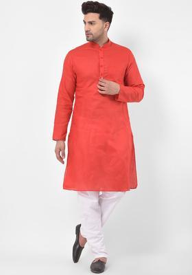 Red Solid Cotton Kurta Set For Men