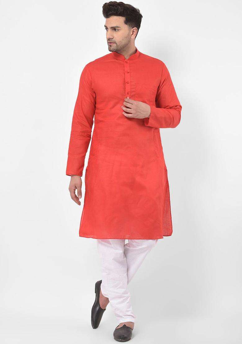 Red Solid Cotton Kurta Set For Men - Indya