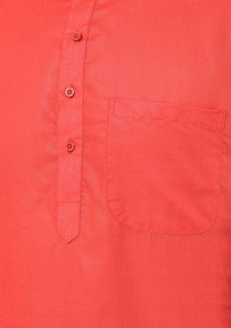 Red Solid Cotton Kurta Set For Men - Indya
