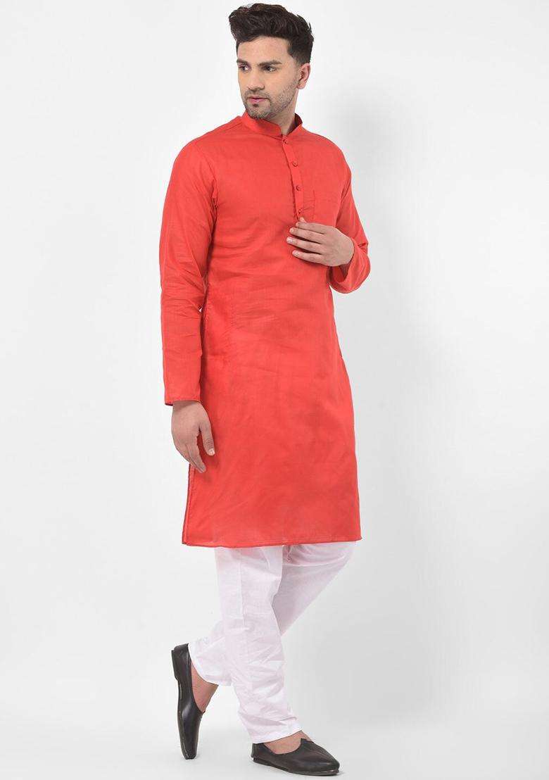 Red Solid Cotton Kurta Set For Men - Indya