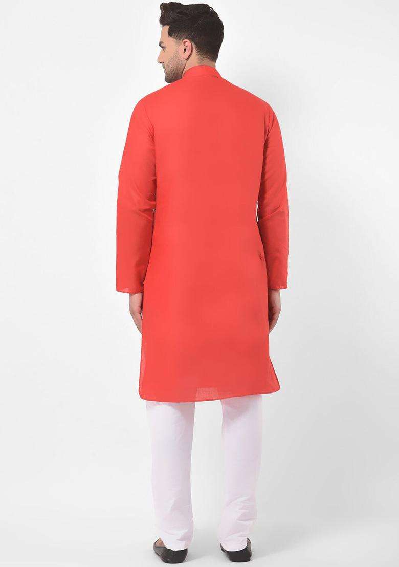 Red Solid Cotton Kurta Set For Men - Indya