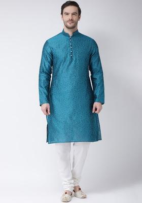 Turquoise Blue Solid Silk Blend Kurta Set For Men