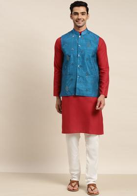 Red Solid Cotton Kurta Set For Men