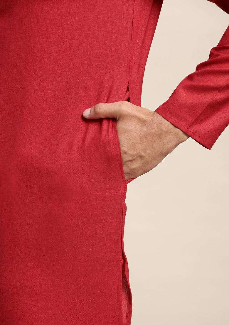 Red Solid Cotton Kurta Set For Men - Indya