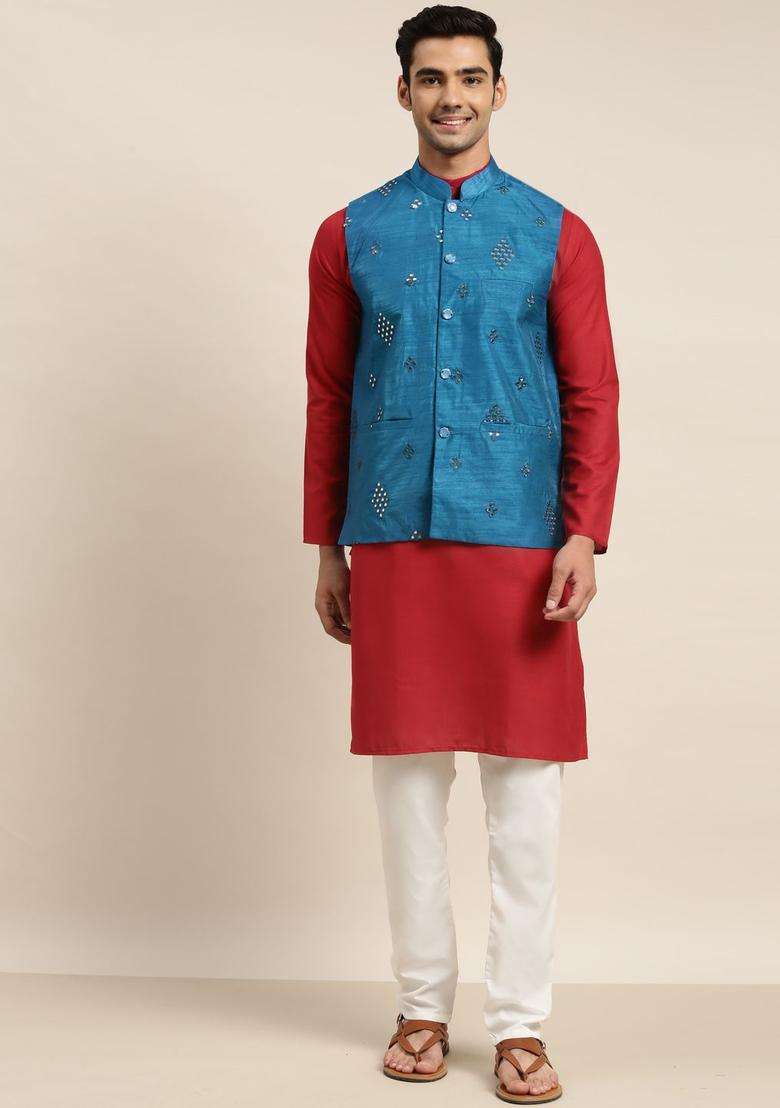 Red Solid Cotton Kurta Set For Men - Indya