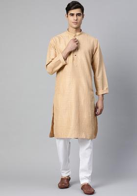 Beige Solid Silk Kurta Set For Men