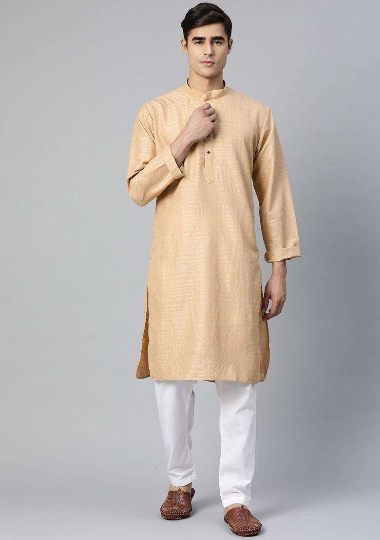 Beige Solid Silk Blend Kurta Set For Men - Indya