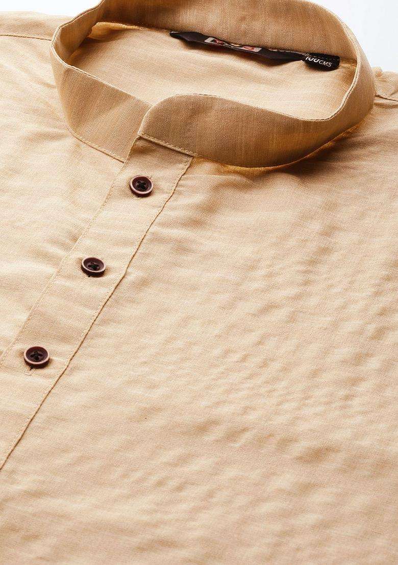 Beige Solid Silk Blend Kurta Set For Men - Indya