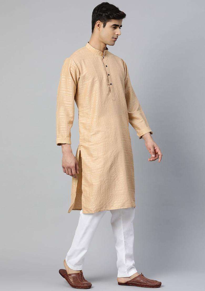 Beige Solid Silk Blend Kurta Set For Men - Indya