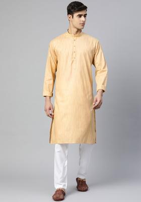Beige Striped Cotton Kurta Set For Men