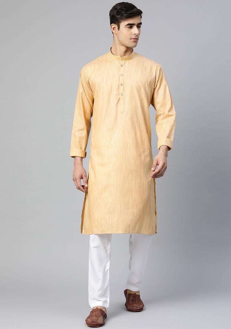 Beige Striped Cotton Kurta Set For Men - Indya