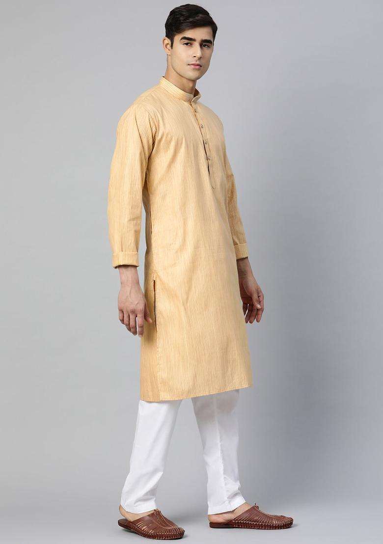 Beige Striped Cotton Kurta Set For Men - Indya