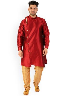 Maroon Solid Silk Kurta Set For Men