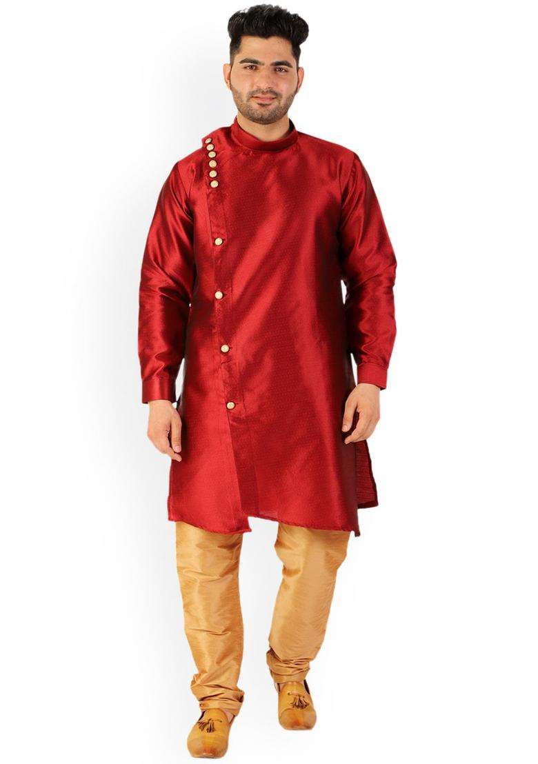 Maroon Solid Silk Blend Kurta Set For Men - Indya