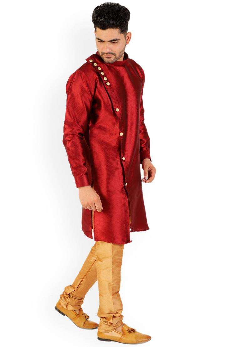 Maroon Solid Silk Blend Kurta Set For Men - Indya
