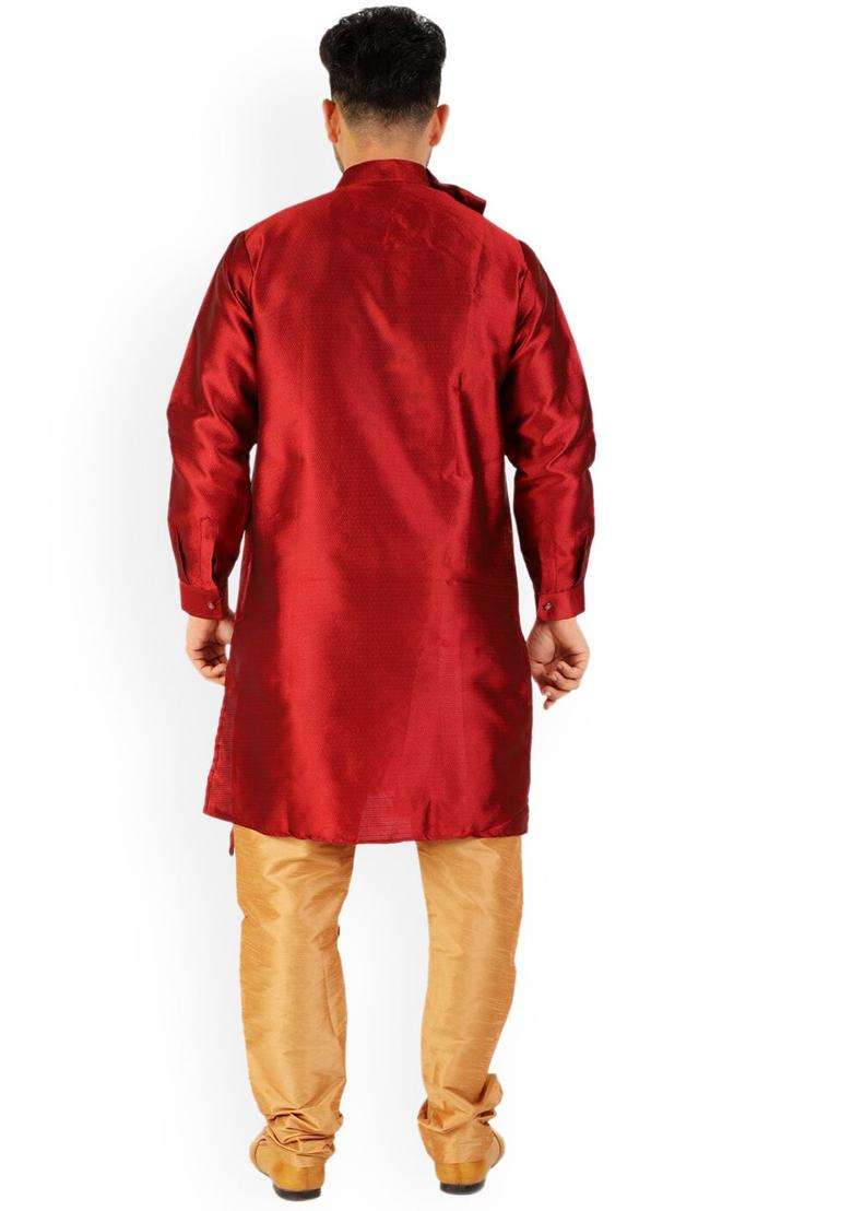 Maroon Solid Silk Blend Kurta Set For Men - Indya