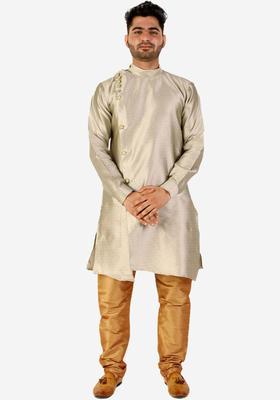 Gold Woven Design Silk Kurta Set For Men