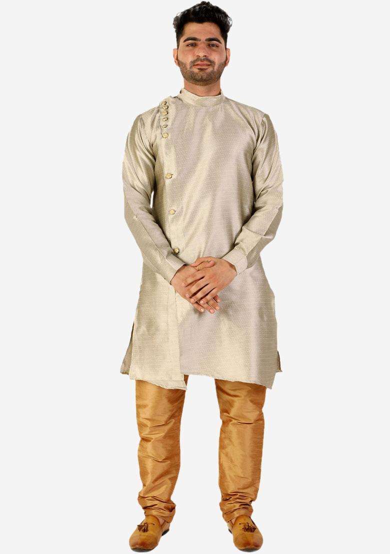 Gold Woven Design Silk Blend Kurta Set For Men - Indya
