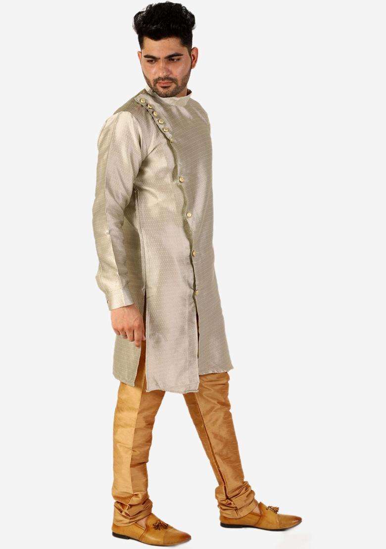 Gold Woven Design Silk Blend Kurta Set For Men - Indya