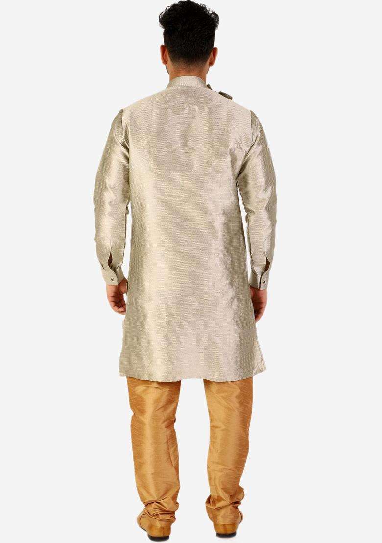 Gold Woven Design Silk Blend Kurta Set For Men - Indya