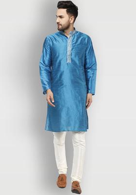 Turquoise Blue Yoke Design Silk Kurta Set For Men