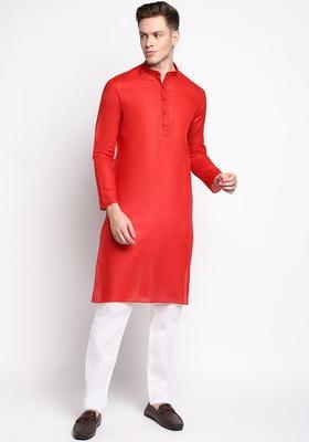 Red Solid Cotton Kurta Set For Men