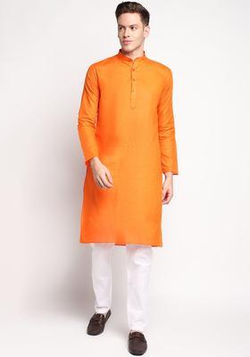 Orange Solid Cotton Kurta Set For Men