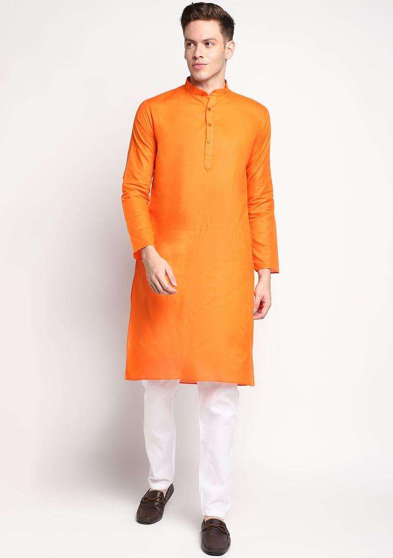 Orange Solid Cotton Kurta Set For Men - Indya