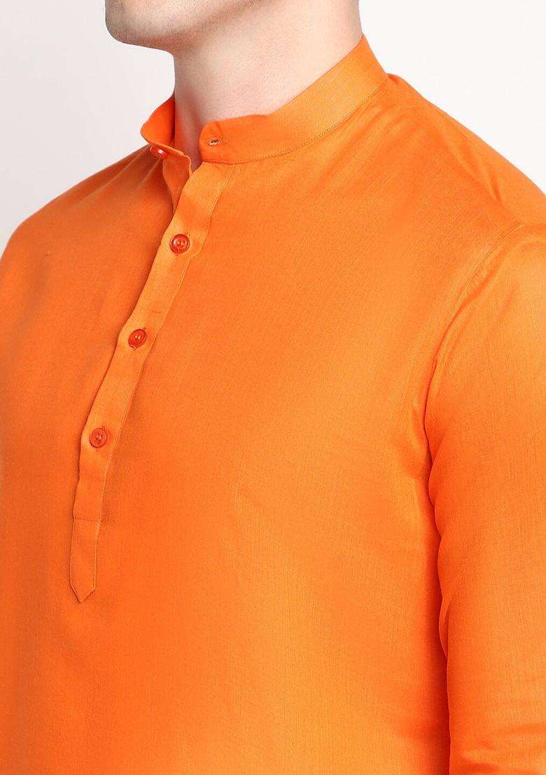 Orange Solid Cotton Kurta Set For Men - Indya