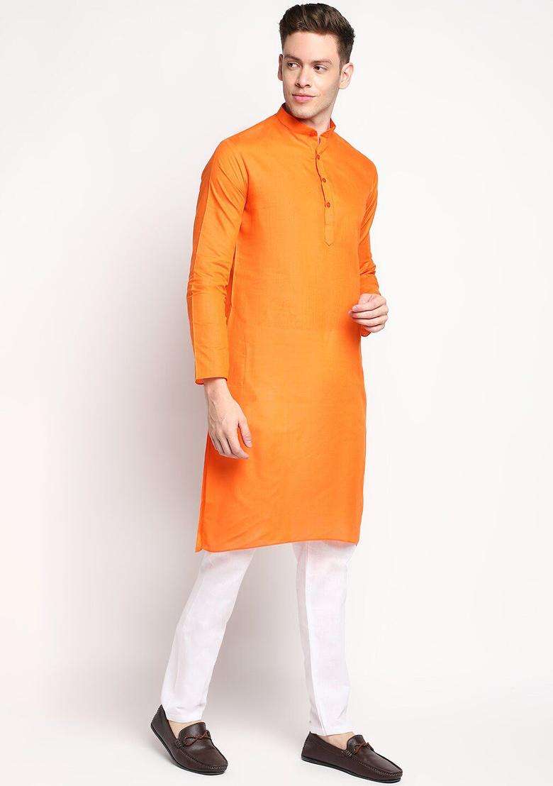 Orange Solid Cotton Kurta Set For Men - Indya