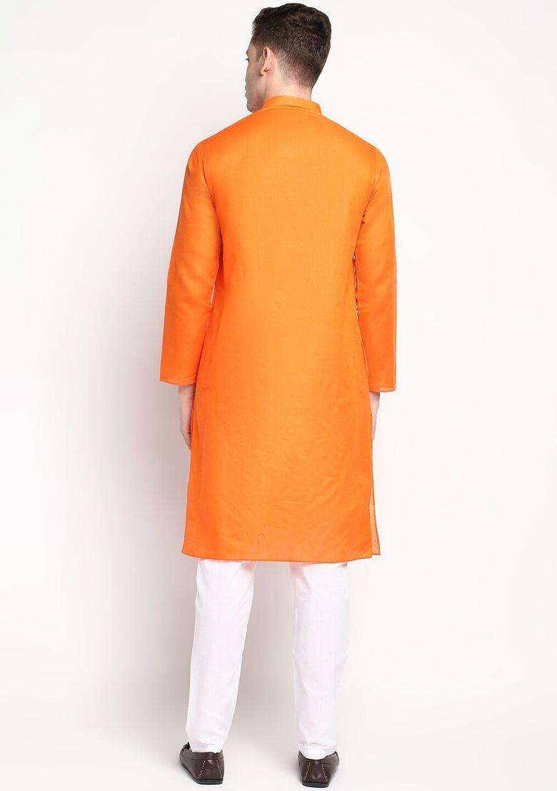 Orange Solid Cotton Kurta Set For Men - Indya
