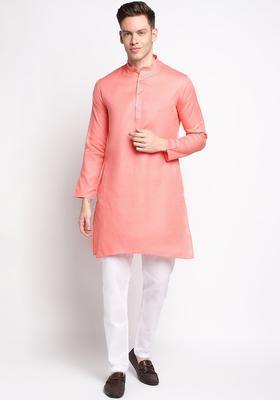 Pink Solid Cotton Kurta Set For Men