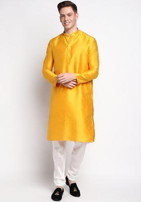 Yellow Solid Silk Kurta Set For Men