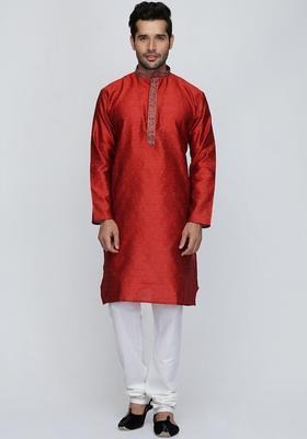 Maroon Woven Design Silk Kurta Set For Men