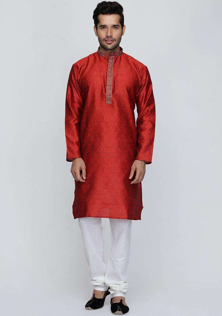 Maroon Woven Design Silk Kurta Set For Men - Indya