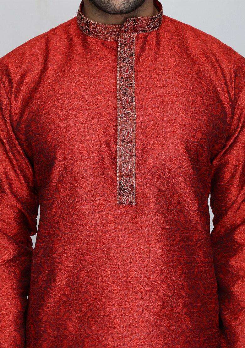 Maroon Woven Design Silk Kurta Set For Men - Indya
