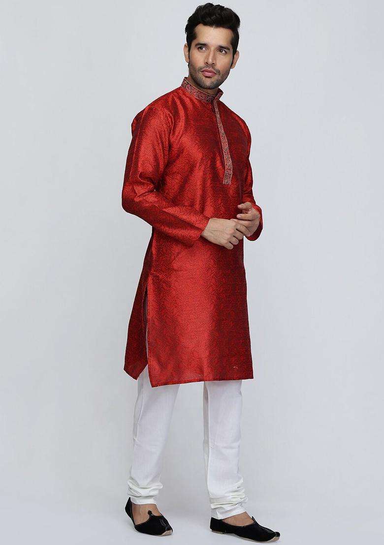 Maroon Woven Design Silk Kurta Set For Men - Indya