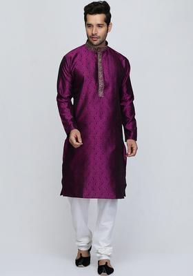 Purple Woven Design Silk Kurta Set For Men