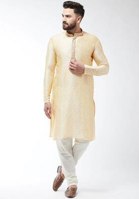 Gold Woven Design Silk Kurta Set For Men