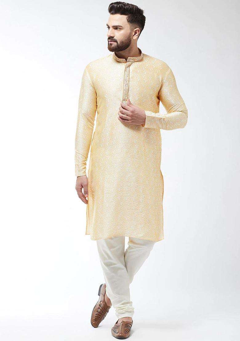 Gold Woven Design Silk Kurta Set For Men - Indya