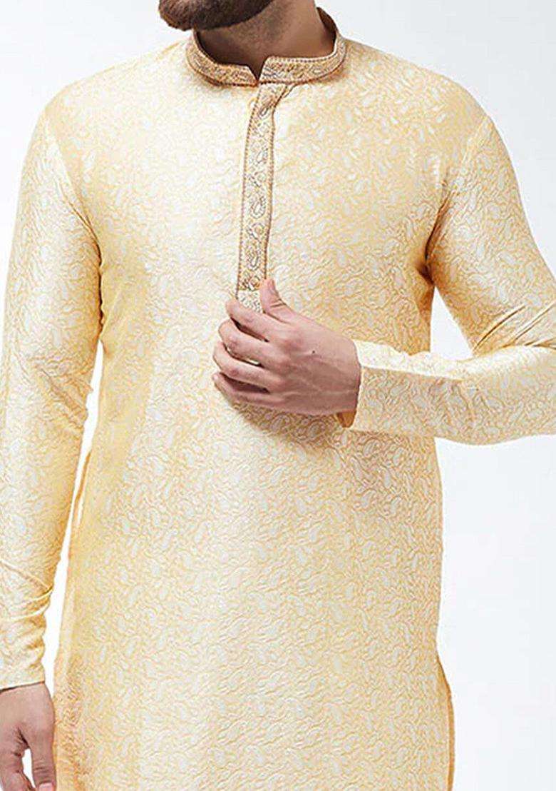 Gold Woven Design Silk Kurta Set For Men - Indya