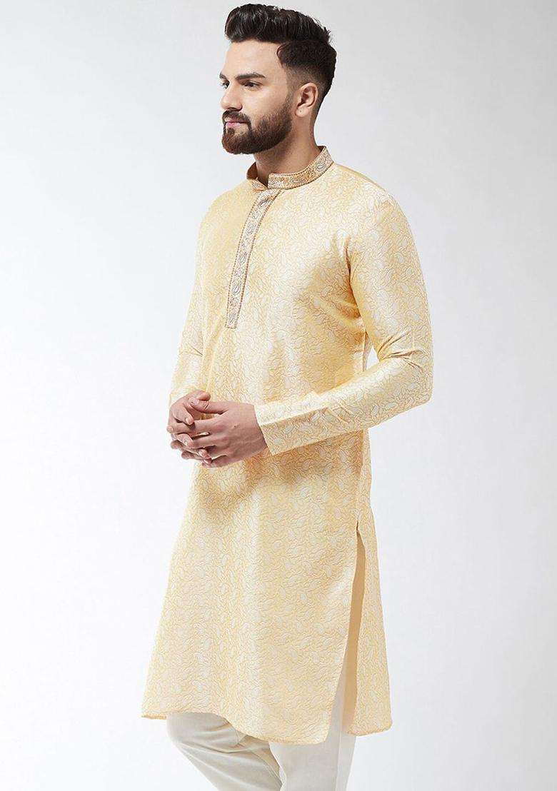 Gold Woven Design Silk Kurta Set For Men - Indya